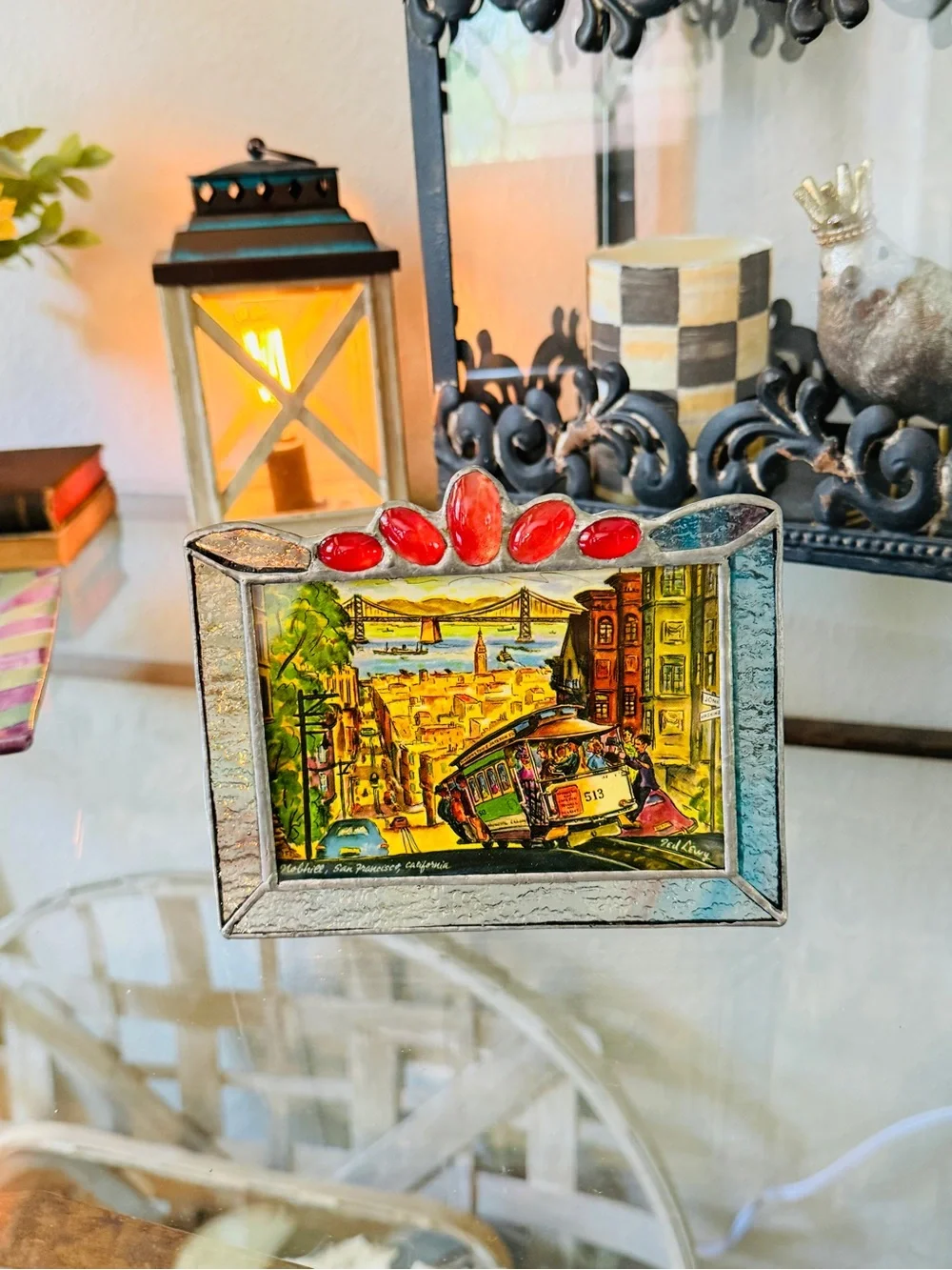 Vintage Stained Glass Picture Frame – Red Accents, Silver Metal Border - Picture 3 of 12